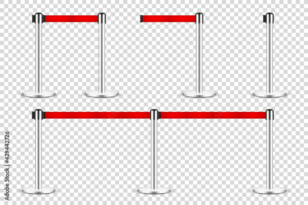 Realistic retractable belt stanchion on transparent background. Crowd control barrier posts with caution strap. Queue lines. Restriction border and danger tape. Vector illustration. Realistic retractable belt stanchion on transparent background. Crowd control barrier posts with caution strap. Queue lines. Restriction border and danger tape. Vector illustration.