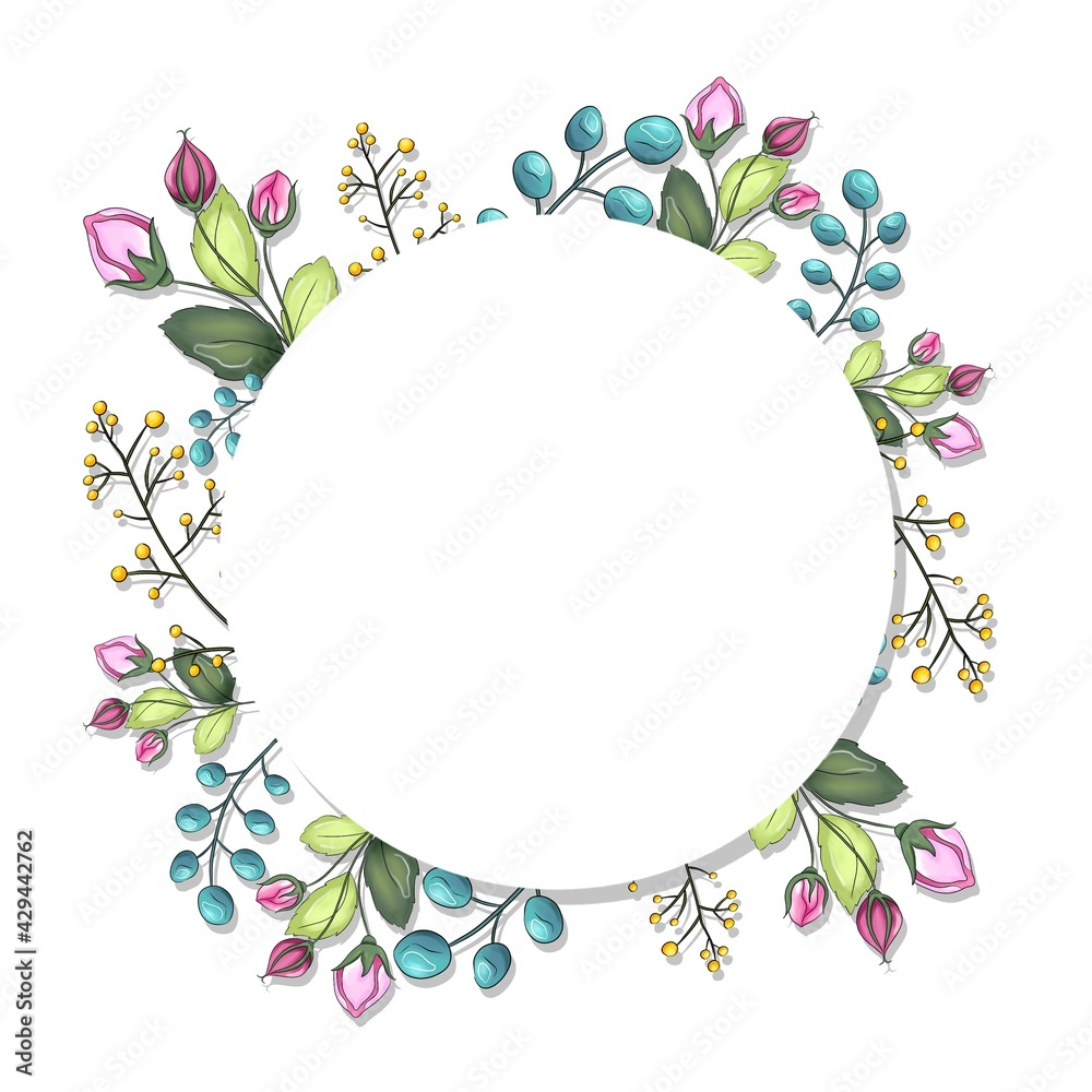 Hand drawn round frame of spring flowers