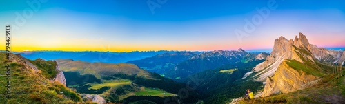Majestic sunrise panorama of Seceda peak in Dolomites Alps, South Tyrol, Italy, Europe
