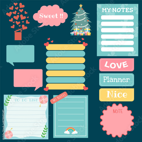 Cute paper notes. Stationary set. Scrapbook notes and cards.Printable planner stickers. Template for your message. Decorative planning element. Vector illustration.