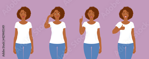 Emotions. A series of poses with young adult black women in casual clothes with hair in Afro style.