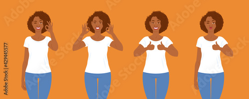 Emotions. Set of four illustrations with pretty young adult black women in casual clothes with hair in Afro style.