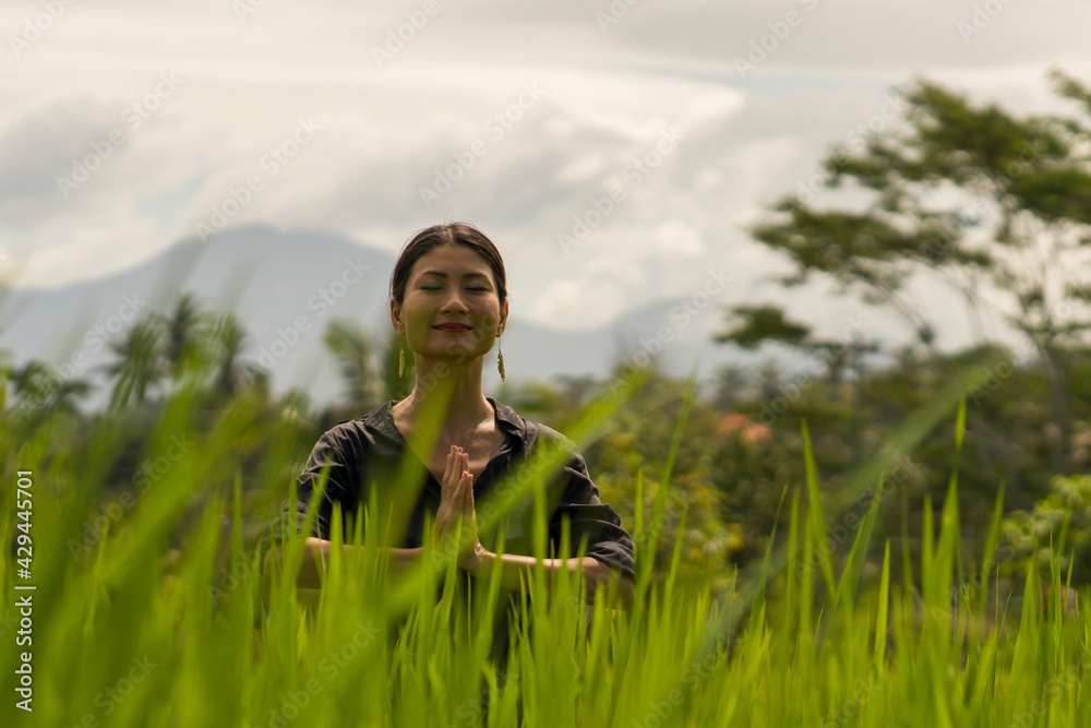 artistic portrait of young attractive and happy Asian woman outdoors at green rice field landscape dancing and doing yoga relaxation exercise and meditation
artistic portrait of young attractive and happy Asian woman outdoors at green rice field landscape dancing and doing yoga relaxation exercise and meditation