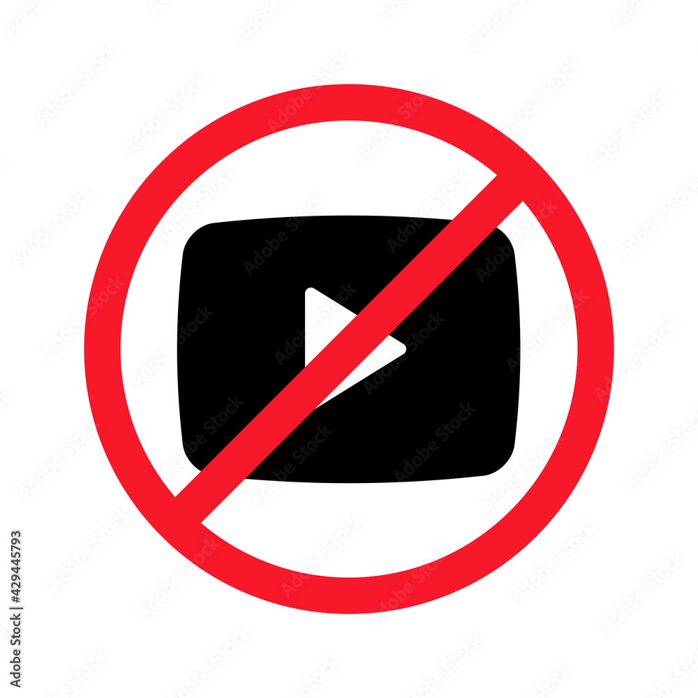 Video shooting is prohibited vector flat illustration isolated on white background. Play sign icon in crossed out red circle. Warning, stop shooting, video recording symbol concept. Video shooting is prohibited vector flat illustration isolated on white background. Play sign icon in crossed out red circle. Warning, stop shooting, video recording symbol concept.