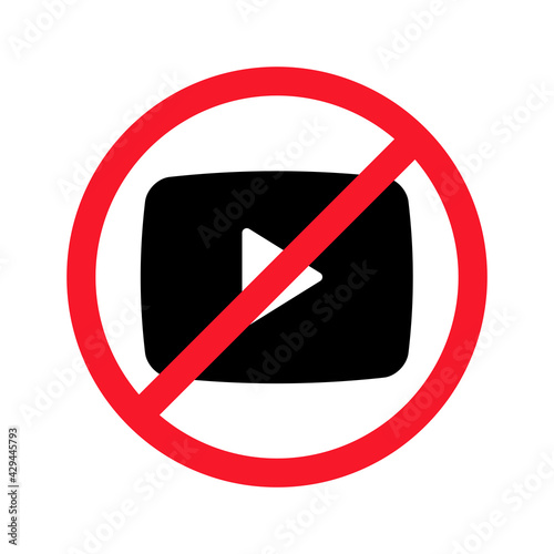 Video shooting is prohibited vector flat illustration isolated on white background. Play sign icon in crossed out red circle. Warning, stop shooting, video recording symbol concept.
