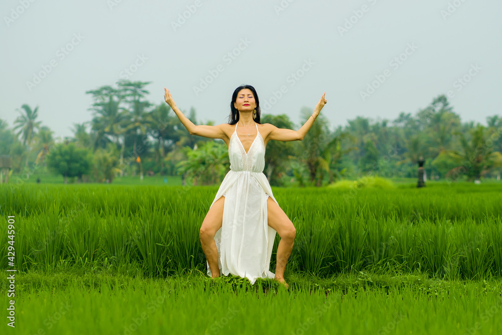artistic portrait of young attractive and happy Asian woman outdoors at green rice field landscape wearing elegant long dress dancing on beautiful nature carefree artistic portrait of young attractive and happy Asian woman outdoors at green rice field landscape wearing elegant long dress dancing on beautiful nature carefree