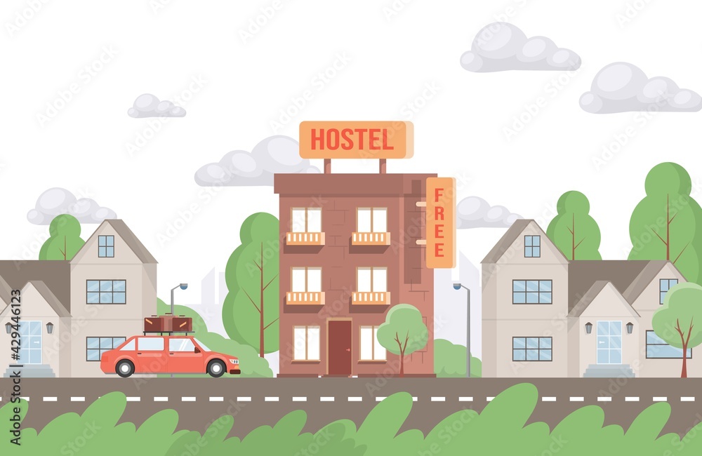 Red car driving up to hostel building vector flat illustration. Modern exterior of free hostel for tourists and travelers. Cheap place to stay for vacation. Hotel building in suburban for tourism.