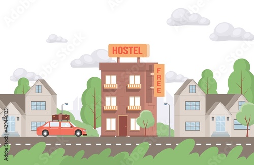Red car driving up to hostel building vector flat illustration. Modern exterior of free hostel for tourists and travelers. Cheap place to stay for vacation. Hotel building in suburban for tourism.