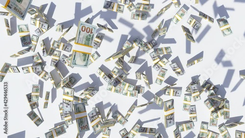 Animated stacks of money fall from the top on a white surface. 3D image of a stream of stacks of money falling to the surface, covering it. The concept of money flow. 

