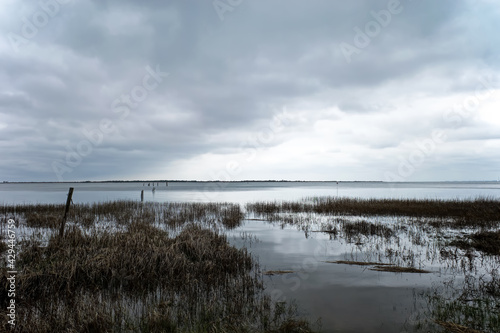 A cove on a cloudy and overcast day during springtime. The cove also referred to as an embayment is on the southern end of Assateague Island in Virginia with the mouth near Chincoteague Inlet. 