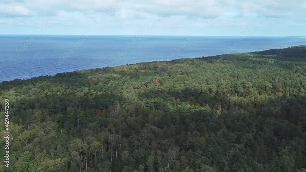 pan-frame filming from a drone over the forest, in the distant sea, the sky is cloudy pan-frame filming from a drone over the forest, in the distant sea, the sky is cloudy