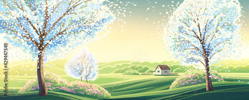 Spring rural landscape with flowering fruit trees and a lonely house in the background. Raster illustration.