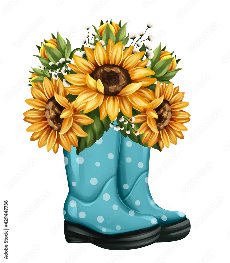 Bouquet of sunflowers in rubber boots. Floral elements for your design