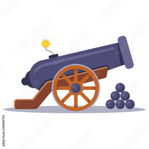 Canvas Print old military cannon with a lit wick. flat vector illustration.