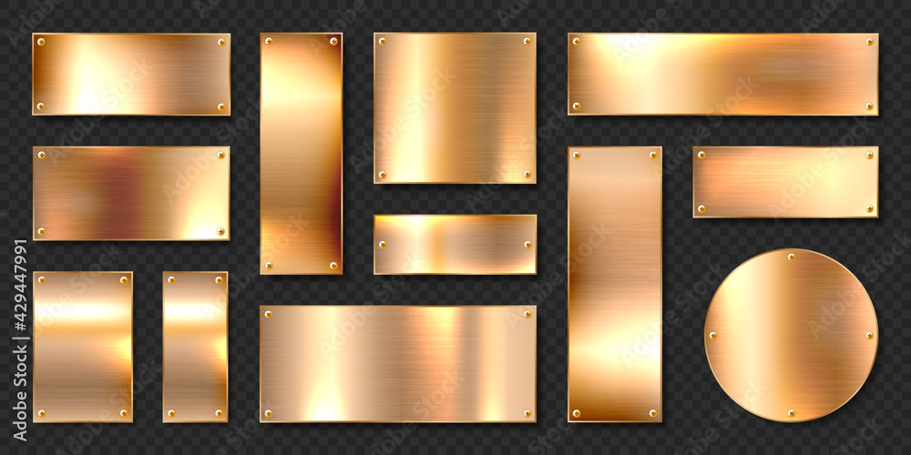 Realistic shiny metal banners set. Brushed steel plate with screws. Polished copper metal surface. Vector illustration.
