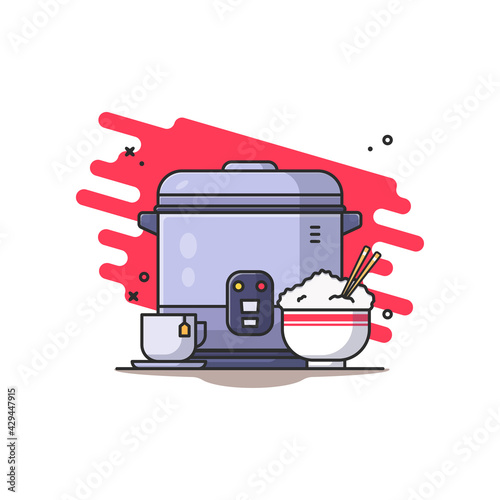 Rice Cooker and Rice Bowl Vector Cartoon Illustration