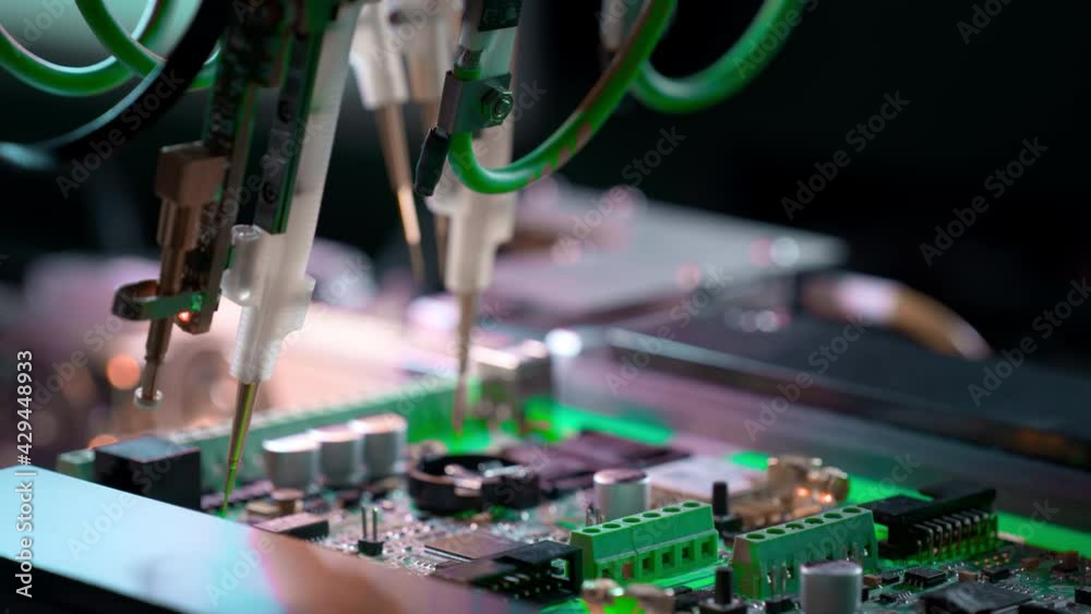 Chip production. Installation of transistors and components. Diagnostics of electrical contacts. Automatic machine for creating digital electronic boards. Needles injected Electronic circuit