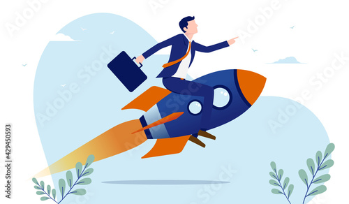 Businessman on rocket - Determined person flying on spaceship pointing the way forward. Business boost, startup growth and progress concept. Vector illustration.