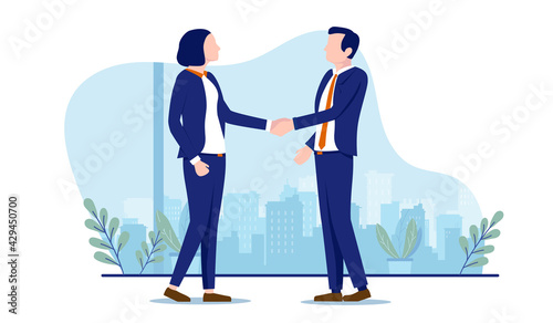 Businesswoman and businessman handshake - Two business people shaking hands in office. Deal, partnership, equality and agreement concept. Vector illustration on white background.