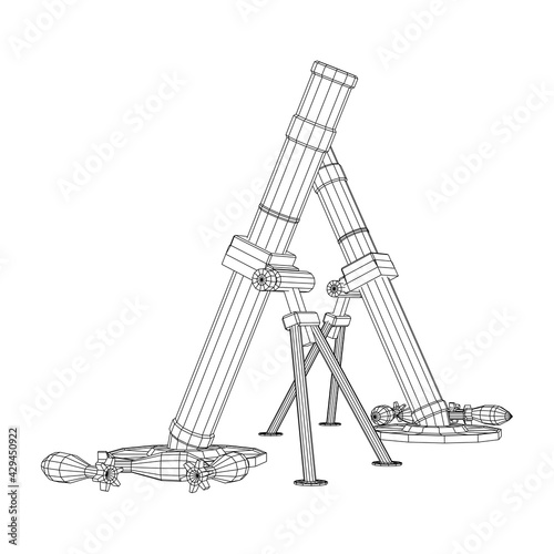 Firearm weapon army mortar and mine. Wireframe low poly mesh vector illustration