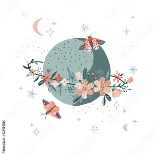  Bloomy planet with floral ring Moon moth in starry space vector illustration. Magical half moon celestial butterfly starry space decorative graphic print. Spiritual Boho folk art vibes design