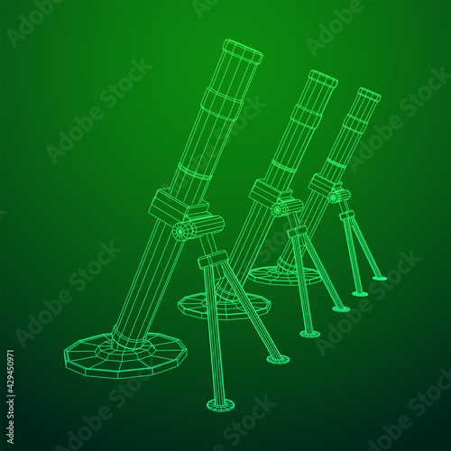Firearm weapon army mortar and mine. Wireframe low poly mesh vector illustration