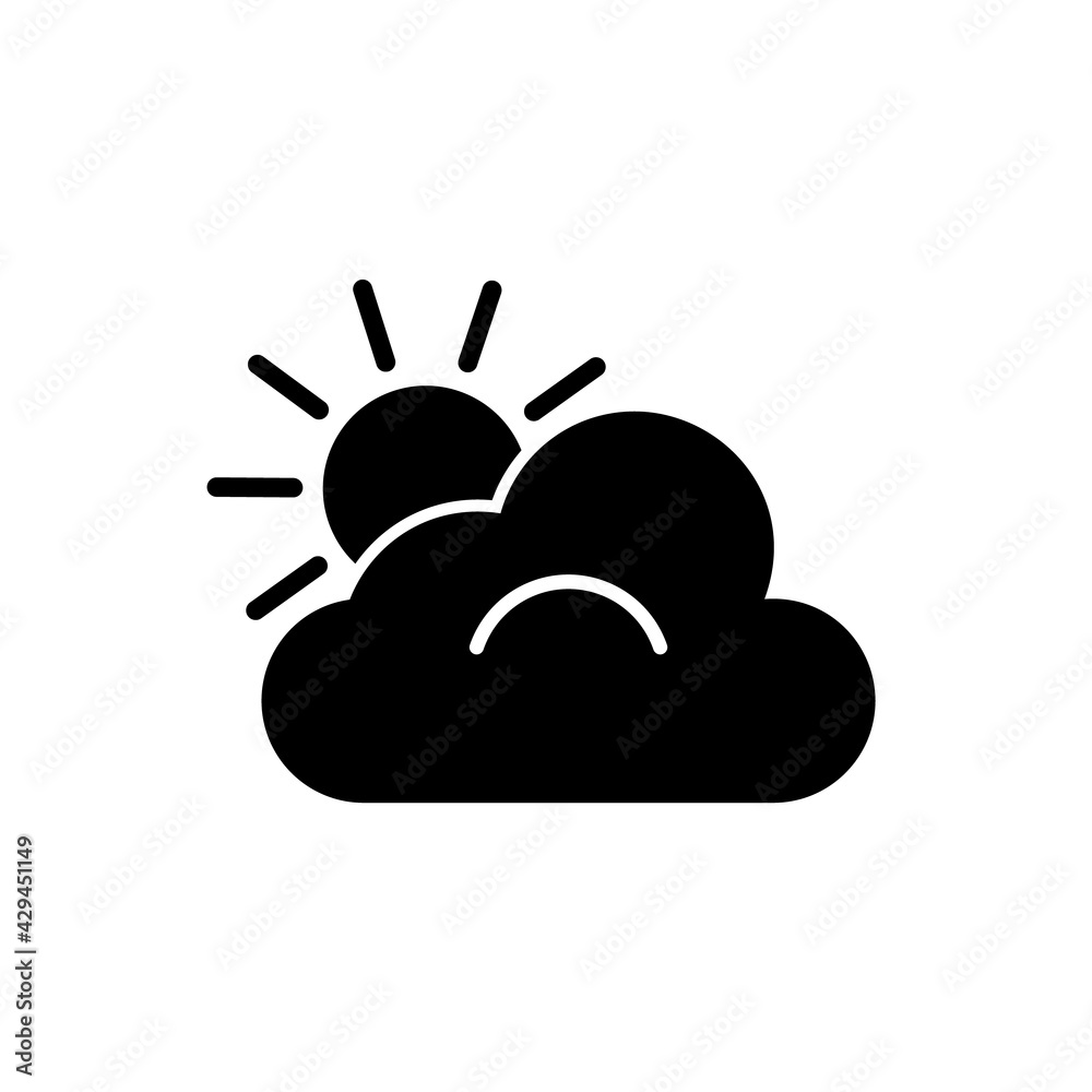 The black silhouette of the cloud and the sun symbol is isolated on a white background. The black silhouette of the cloud and the sun symbol is isolated on a white background.