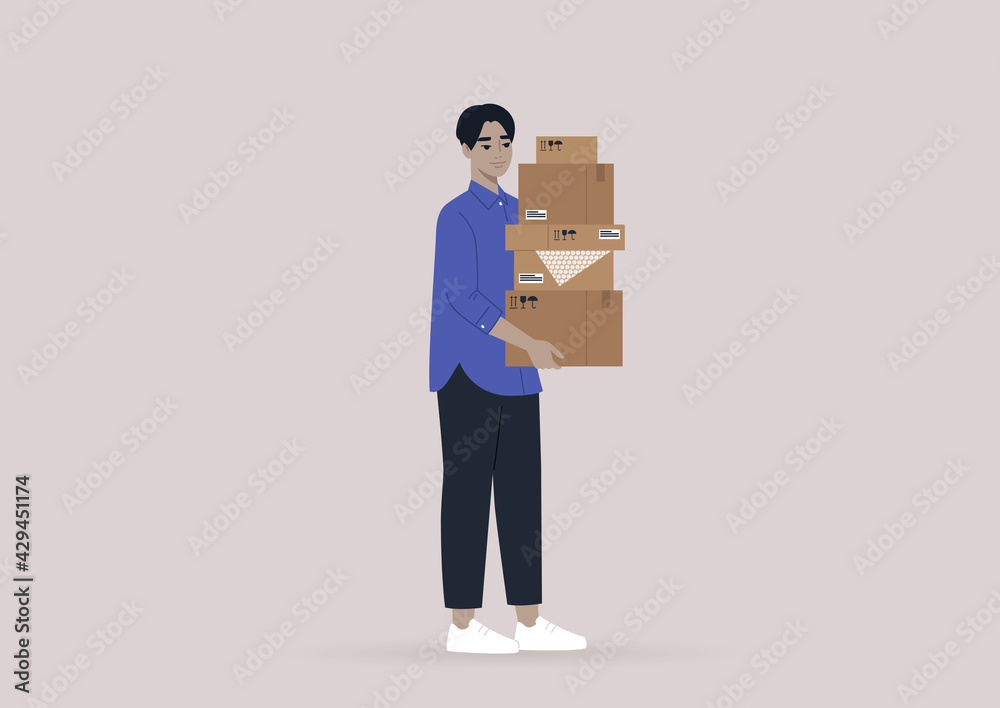 A young male Asian character holding a stack of cardboard boxes, moving out, courier service, post box delivery A young male Asian character holding a stack of cardboard boxes, moving out, courier service, post box delivery