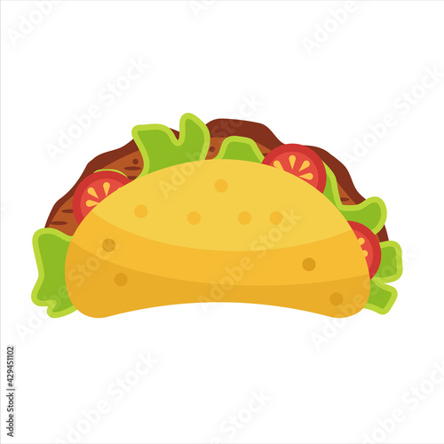 Vector illustration of taco. Sandwich with meat,  cheese and tomatos