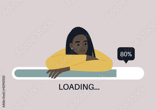 Young female Black character leaning on a progress bar, file uploading concept