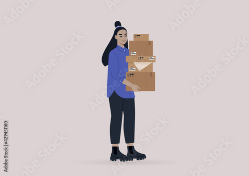 A young female Asian character holding a stack of cardboard boxes, moving out, courier service, post box delivery