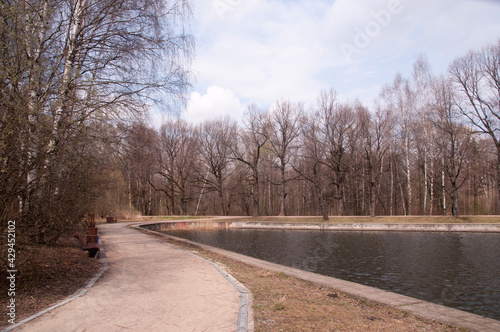 Panoramic view of the park alley, a stone embankment with trees and a pond.