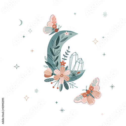 Floral crescent with crystal and moon moth vector illustration. Magical half moon celestial butterfly starry space decorative graphic print. Spiritual Boho folk art vibes design