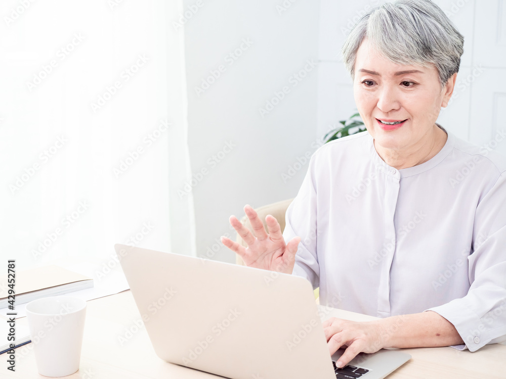 Senior asian woman using wireless laptop apps browsing internet. Senior asian woman using wireless laptop apps browsing internet.