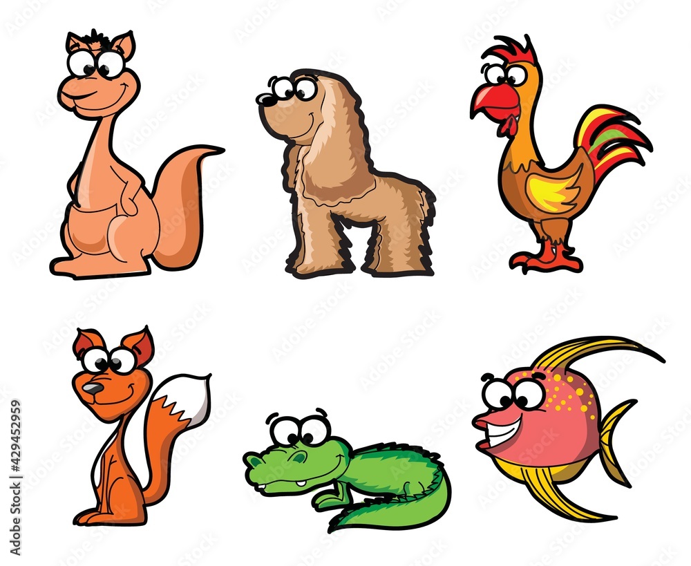 Collection of hipster cartoon character animals kangaroo, dog, fox, crocodile, rooster and fish Stock Vector | Adobe Stock Collection of hipster cartoon character animals kangaroo, dog, fox, crocodile, rooster and fish Stock Vector | Adobe Stock