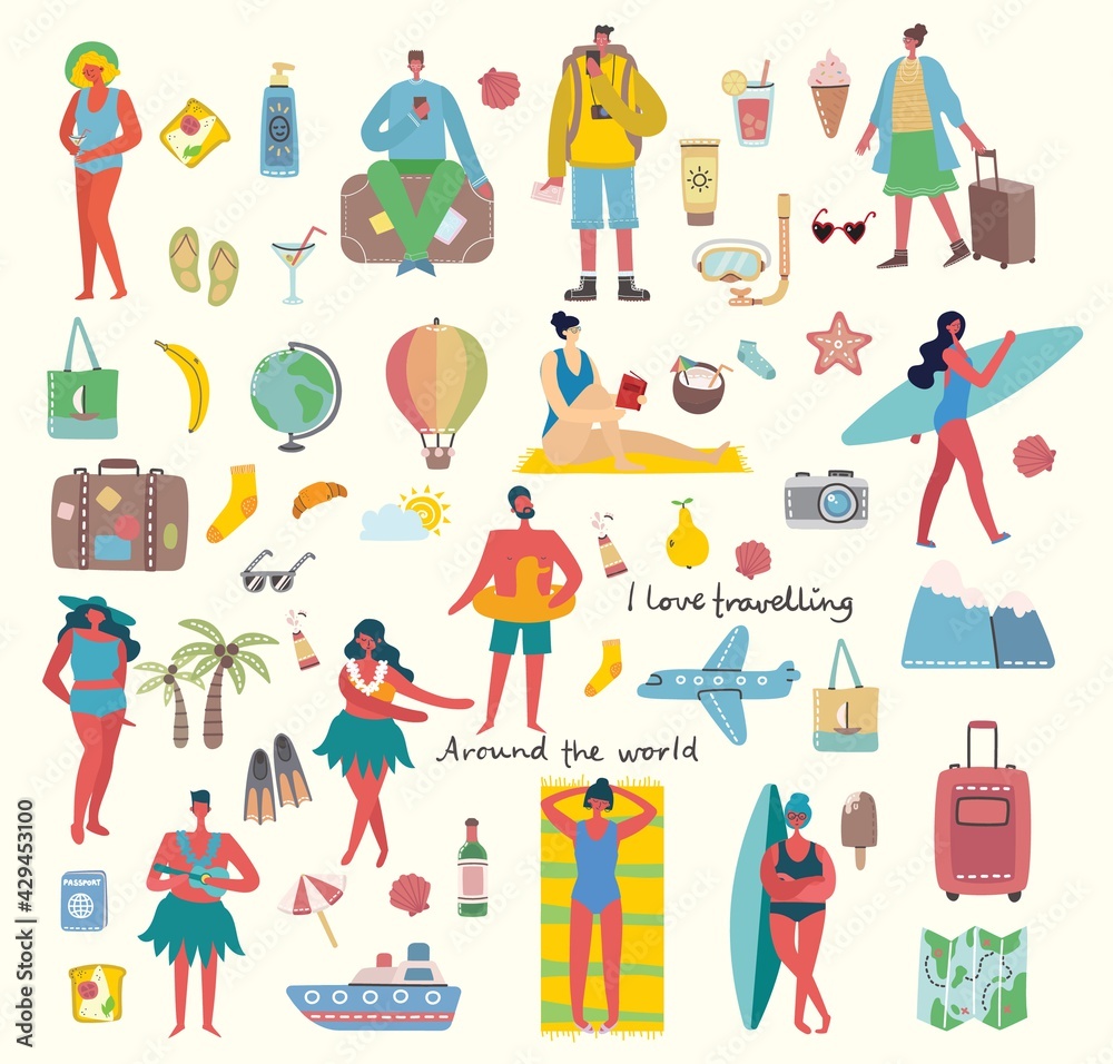 Set of different vector summer people and icons Set of different vector summer people and icons