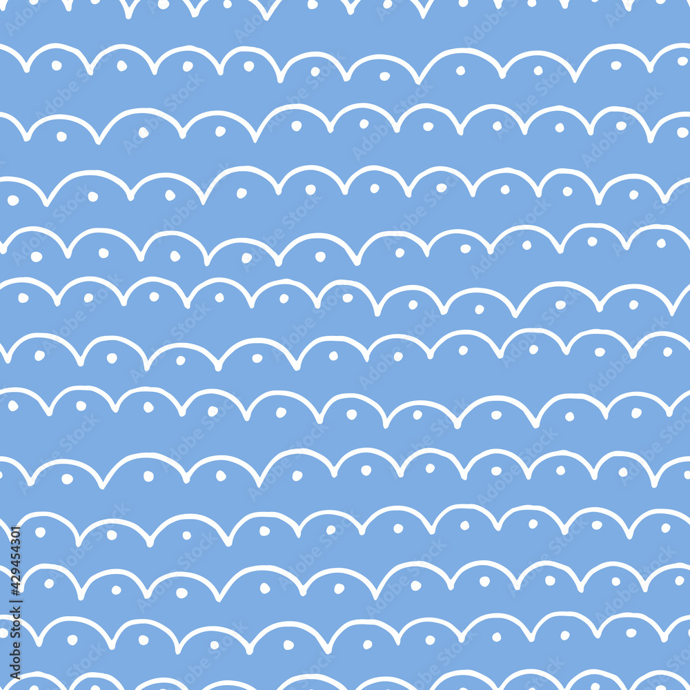 Vector simple seamless pattern with hand drawn waves and dots on blue background. Doodle illustration. Vector simple seamless pattern with hand drawn waves and dots on blue background. Doodle illustration.