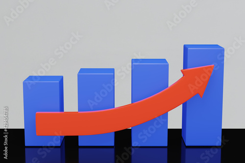 Balkendiagramm in blau mit aufsteigendem  Pfeil in rot. 3d rendering