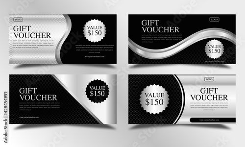 Set of silver luxury voucher gift templates, coupon designs, certificates, ticket templates, ready to edit and use.