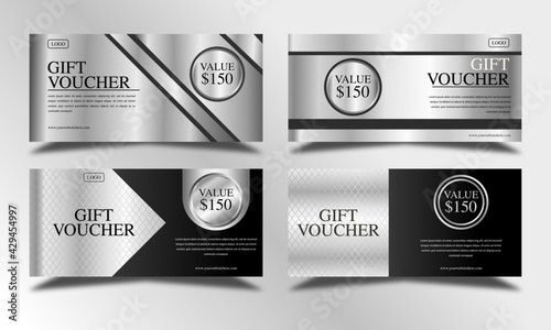Set of silver luxury voucher gift templates, coupon designs, certificates, ticket templates, ready to edit and use.