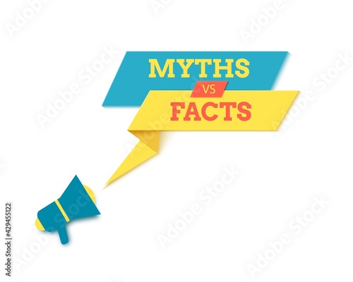 Myth vs fact yellow speech bubble in paper cut art. Memphis style banner with megaphone and geometric shapes. Vector colorful sticker with place for promotion text, price tag, sale ad. Papercut badge