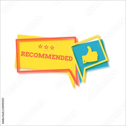 Recommended labeles with thumbs up in paper cut style. Flat banner with like sign cutout from cardbord. Flat speech bubble and ad message in retro memphis style. 3d papercut vector illustration.
