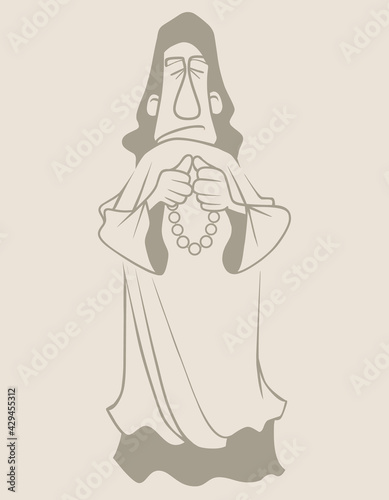 sketch drawing of a cartoon man standing in a mantle and a rosary in his hands