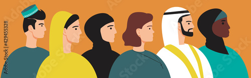 Religious people together isolated, Flat vector stock illustration with Buddhist, Catholic, Islamic person, Jew as a concept of peace