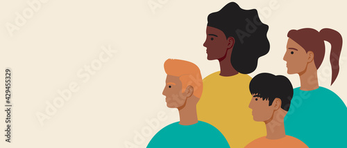 Various multicultural people, copy space template, Flat vector stock illustration with African American, Asian, European, Arab together