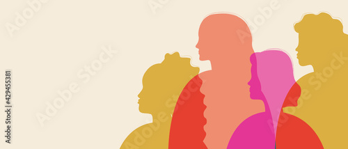 Young feminist women, copy space template, silhouette vector stock illustration with Beautiful women together, Different beauty, Ethnic variation