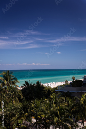 A picture of a distant horizon with green palm trees closest and then beach with white sands and aqua blue ocean with white boats in distance and beautiful blue sky with white clouds.
