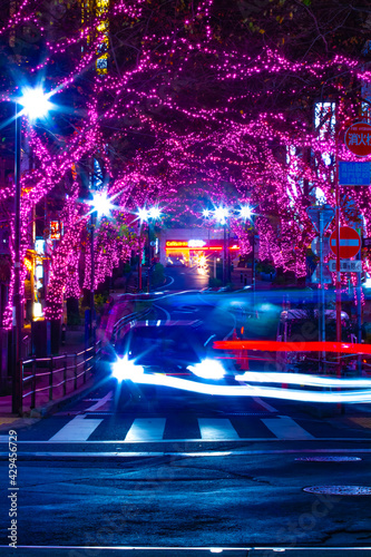 Photography A night illuminated street in Shibuya wide shot