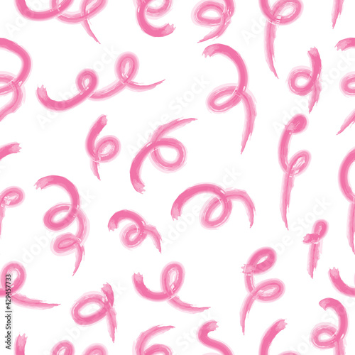 Vector seamless pattern with swirled pink line on white background. Abstract paint brush illustration