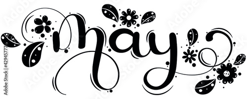 Hello May. MAY month vector with flowers and leaves black and white. Decoration floral. Illustration month may